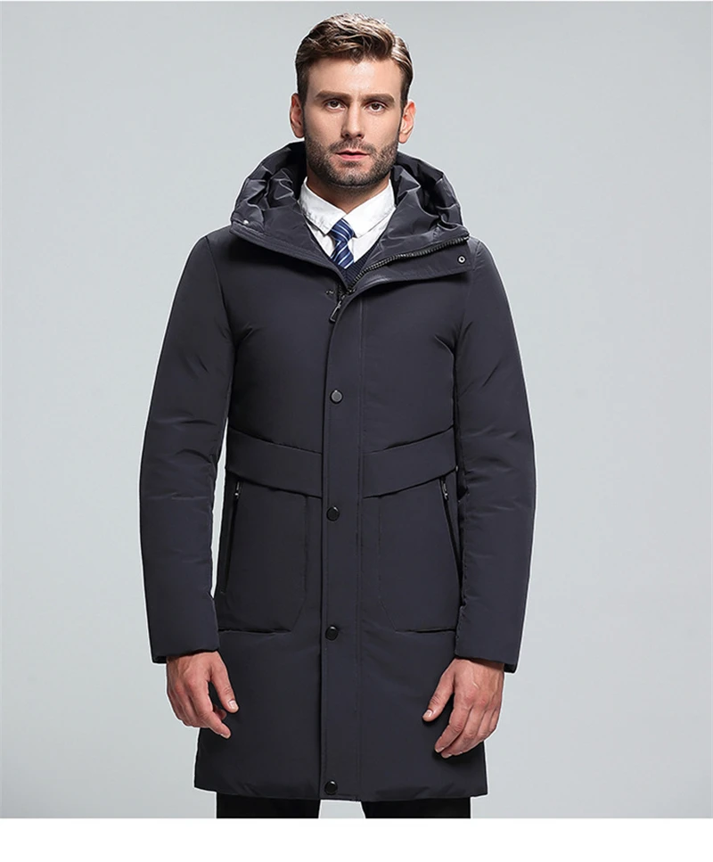 New Men's Black White Down Jacket Fashion Long Hooded Solid Color Thick Winter Warm Gray Jacket Brand Men's Clothing,555