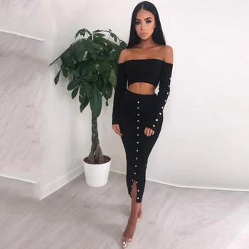 

Fashion Casual Pit Skirt Women Sexy Off Shoulder Slash Neck Short Crop Tops+High Waist Split Skirt Women Suit Female Clothing
