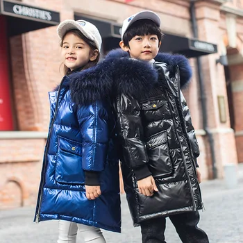 

Child Down Jacket For Cold Winter Girls Boys Mid-Length Real Fur Collar Bright White Duck Down Coat Kids Fashion Hooded Outwear