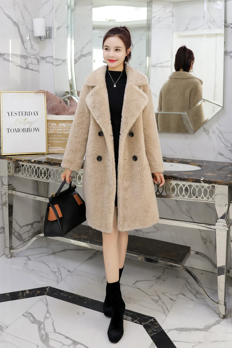 M beige Женская одежда Зимняя верхняя одежда настоящие пальто новое шерстяное пальто из овечьей шерсти длинное меховое пальто с частицами для девочек 1022 - Цвет: M beige