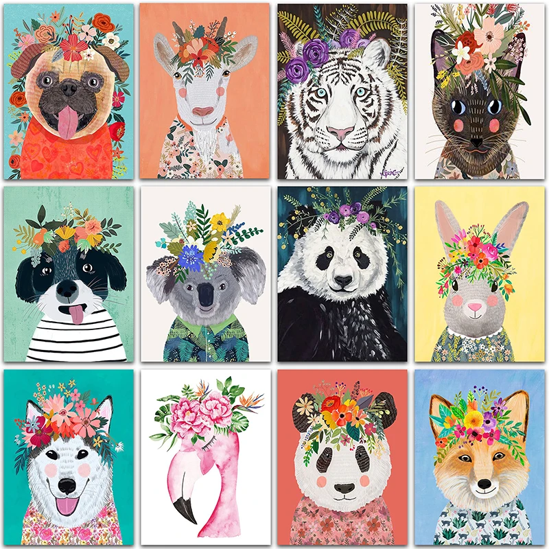 5D DIY Diamond Painting Kit Cartoon animal dog cat tiger rabbit Flamingo