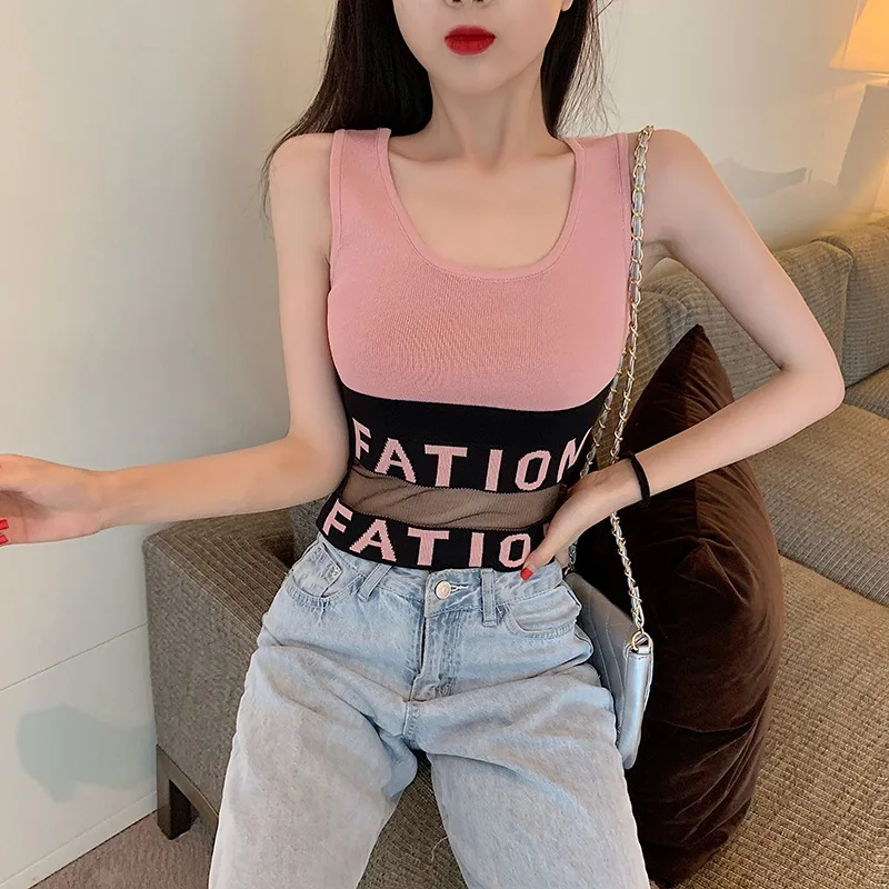 

2020 Summer Women Tops Ladies Mesh Splicing Knitted Camisole Casual Letter Print Tank Tops