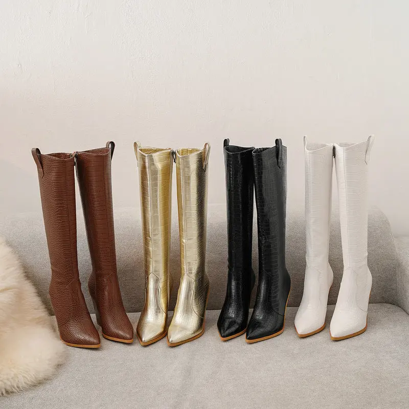 White Black Brown Gold Faux Leather Knee High Boots Women Fashion Pointed Toe Chunky Wedge Heel Cowboy Boots Ladies Winter Shoes