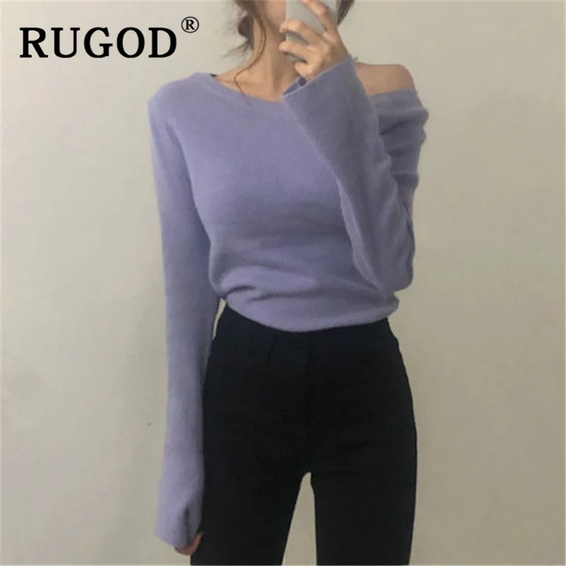 RUGOD, элегантный вязаный женский свитер с открытыми плечами,, винтажная однотонная туника с длинным рукавом, женская одежда, модные базовые свитера Auturm