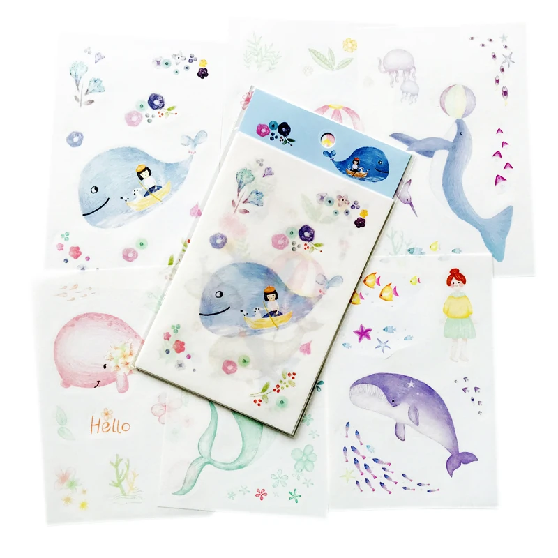 

6 Sheets/Pack Cute Cartoon Blue Whale Stickers Hand Account Decor Decorative Album Diary Stick Label Kids Gift