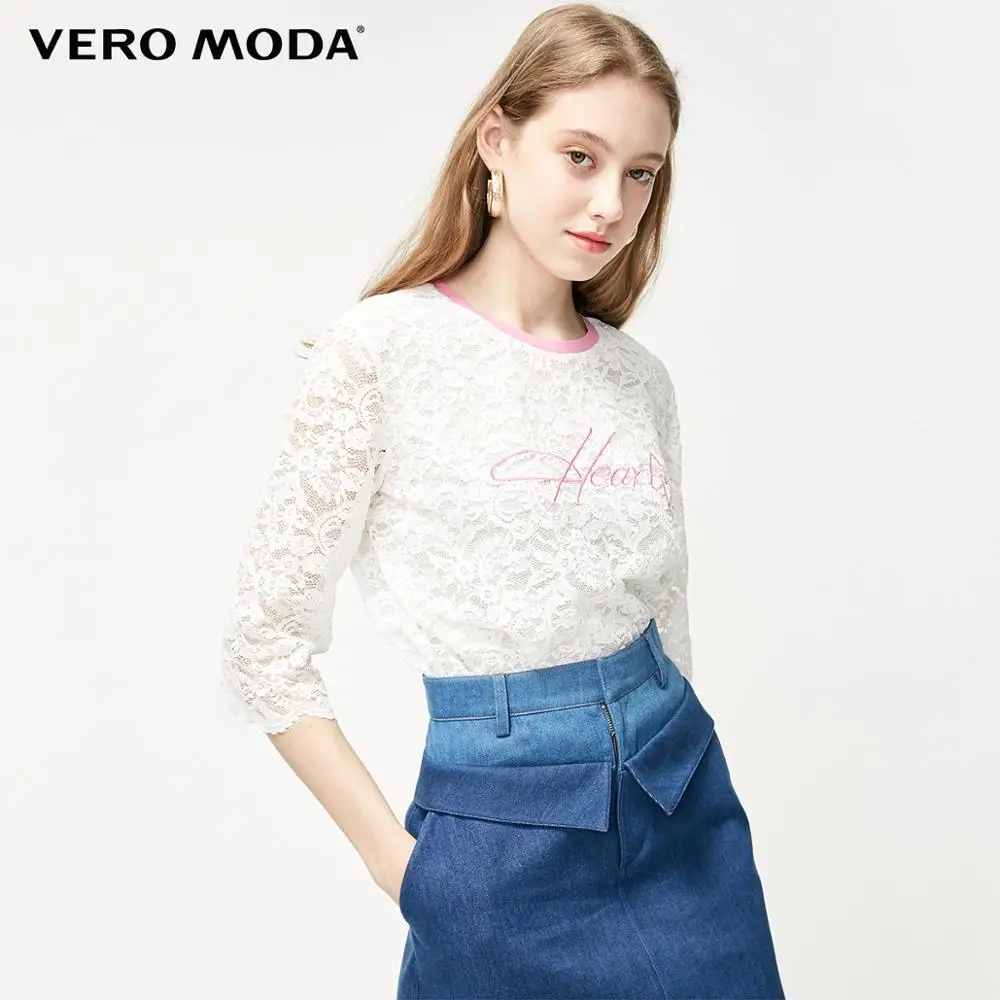 Vero Moda Женская Кружевная футболка с круглым вырезом 3/4 рукавами | 319130512