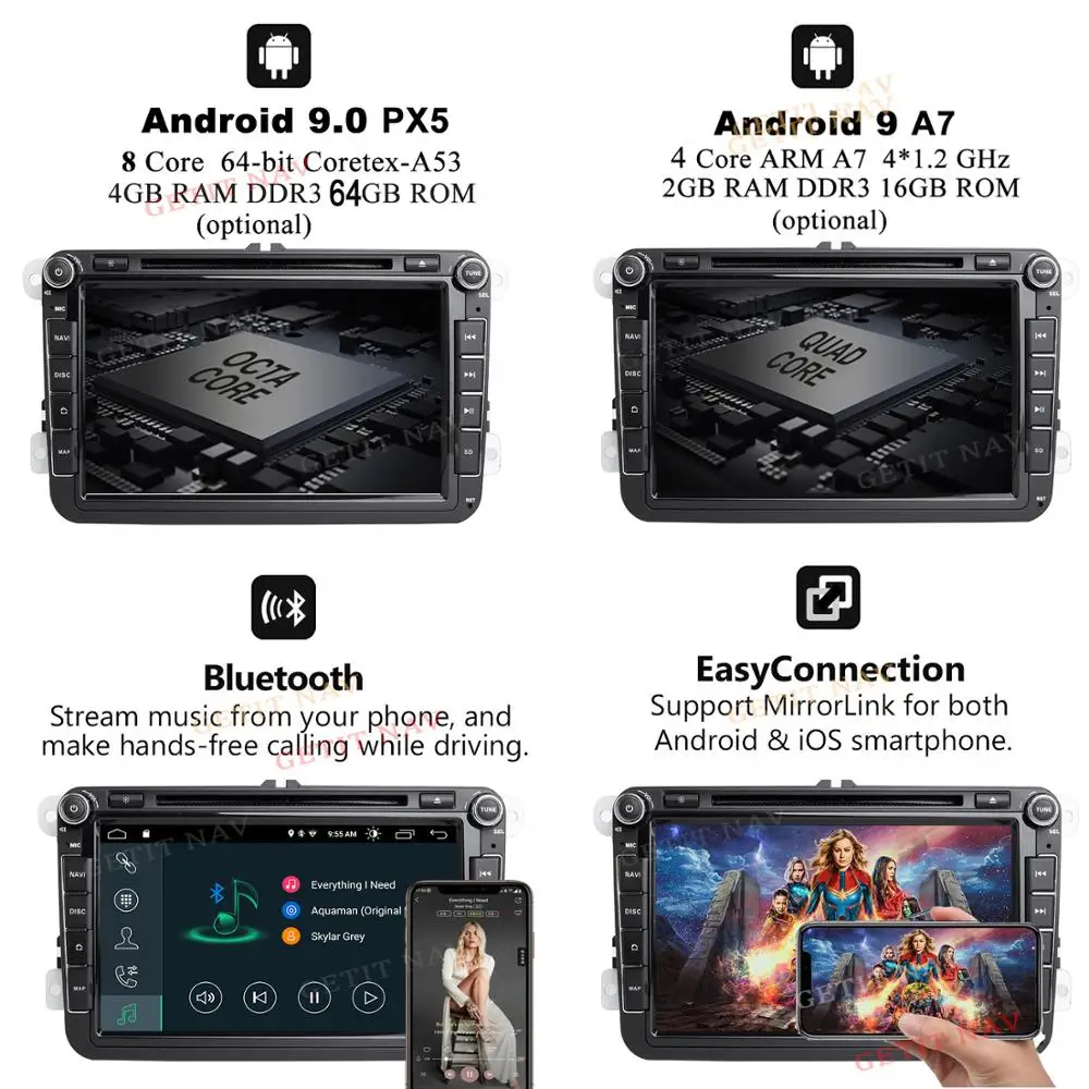 Excellent DSP IPS Car Multimedia player Android 9 GPS 2 Din Car Radio Audio Auto For VW/Volkswagen/POLO/PASSAT/Golf 8 Cores RAM 4G 64G 1