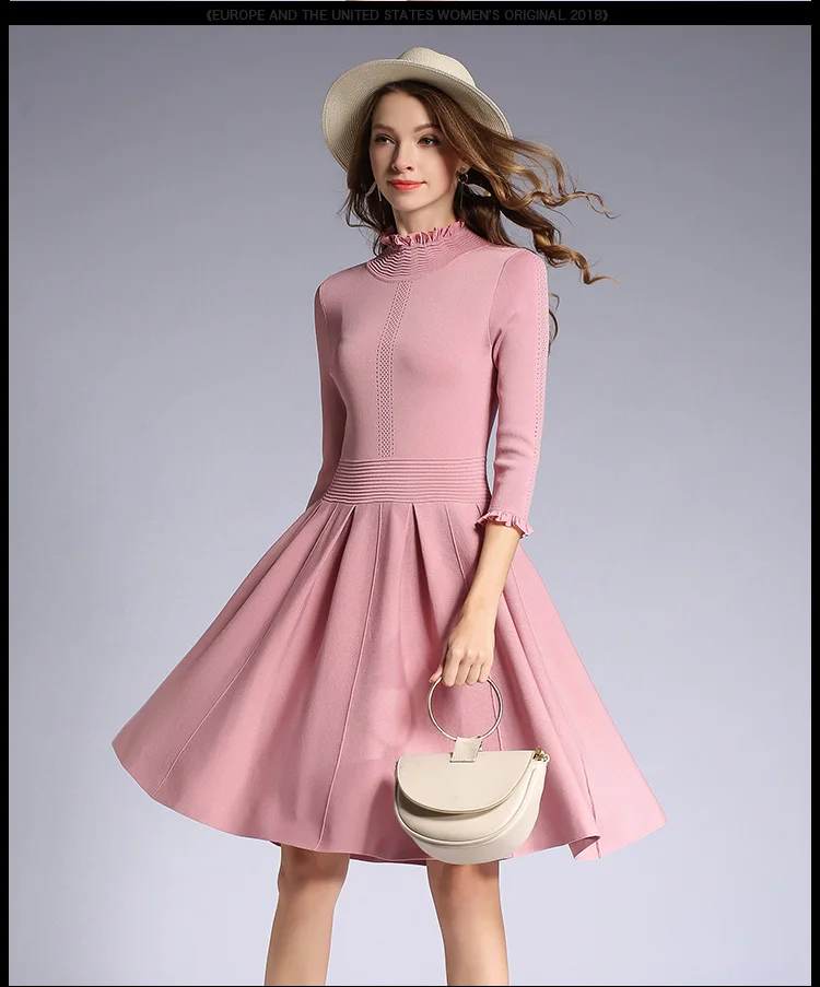 Осенне-зимнее модное платье-свитер, высокое качество, женский воротник с оборками, 3/4 рукав, большие качели, повседневное розовое черное трикотажное платье