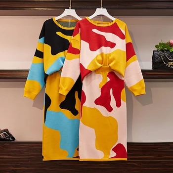 

Plus Size Long Sleeve Contrast Color Jumper Sweater Tops+Elastic Waist Package Hip Skirts Knitted Suit Women Fashion Autumn Sets