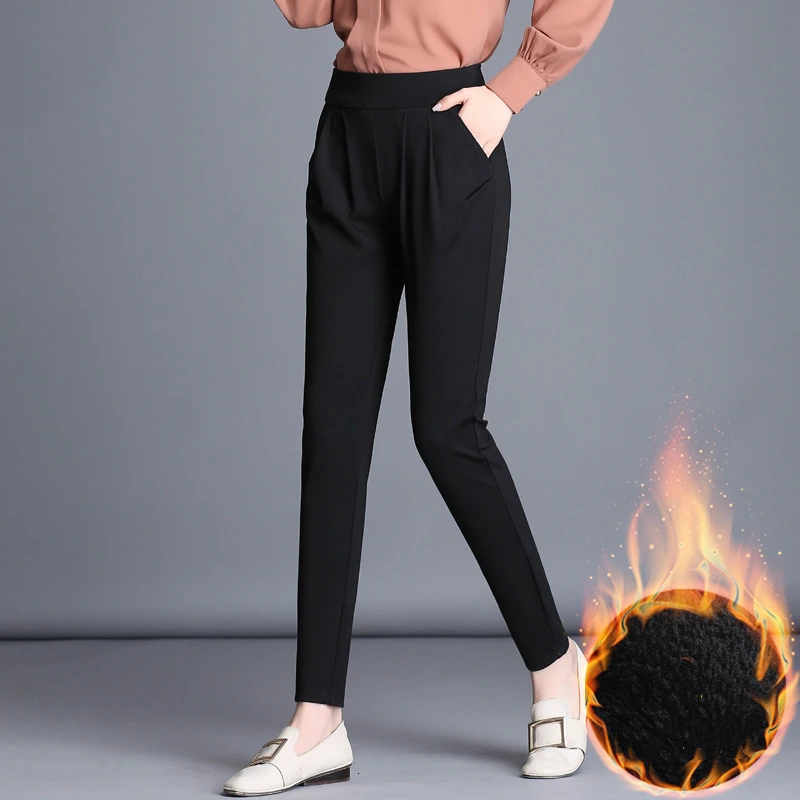 Back Plus velvet Зимние женские брюки, однотонные, с высокой талией, для офиса, для девушек, брюки, весна, осень, теплые, толстые, плюс бархат, брюки, Pantalon, Femme - Цвет: Back Plus velvet