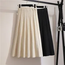 Винтажный зимний женский толстый свитер юбка эластичная высокая талия плиссированная трикотажная юбка миди трапециевидная Женская однотонная элегантная Осенняя юбка