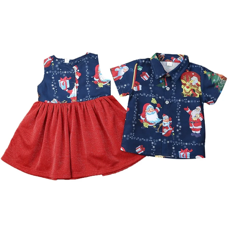 Рождественская одежда для маленьких мальчиков и девочек; одинаковые комплекты для семьи с надписью «Sister Brother»; милое платье; рубашка с надписью «Brother»; рождественские хлопковые костюмы с Санта-Клаусом - Цвет: Синий