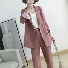 Trajes de mujer de doble botonadura, traje rosa de talla grande, chaqueta informal, pantalones con pies, conjunto de dos piezas, novedad de Otoño de 2022
