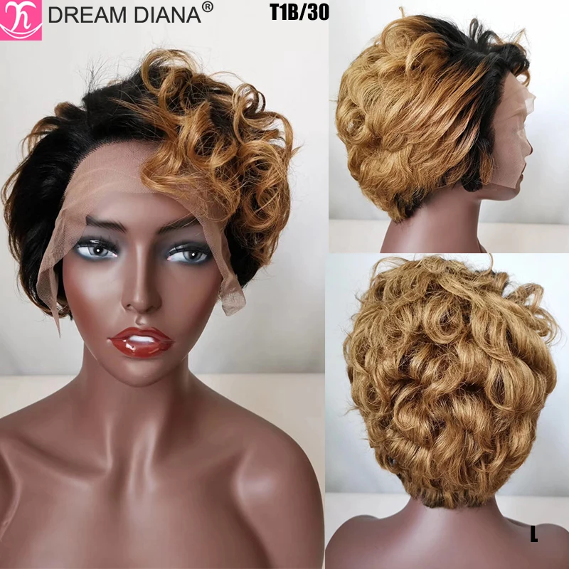 DreamDianan 100% Human Hair Wigs 8" Short Pixie Cut Curly Hair Lace Front Wig Ombre 13X4 Lace Frontal Human Water Wavy Wigs