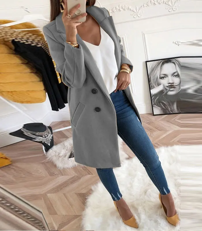 Женское пальто больших размеров XXXL из смесовой шерсти Осень Зима с длинным рукавом Повседневная одежда оверсайз Пальто двубортное