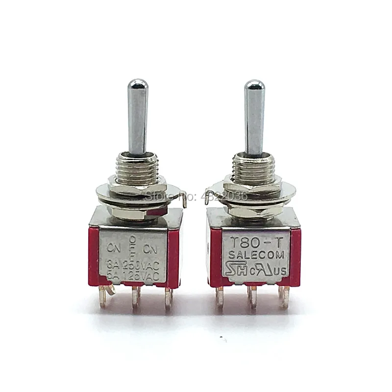 

2pcs Mini Latching Toggle Switch T80-T ON OFF ON 6 pins DPDT 3 Position 3A/250V 5A/125V 6mm