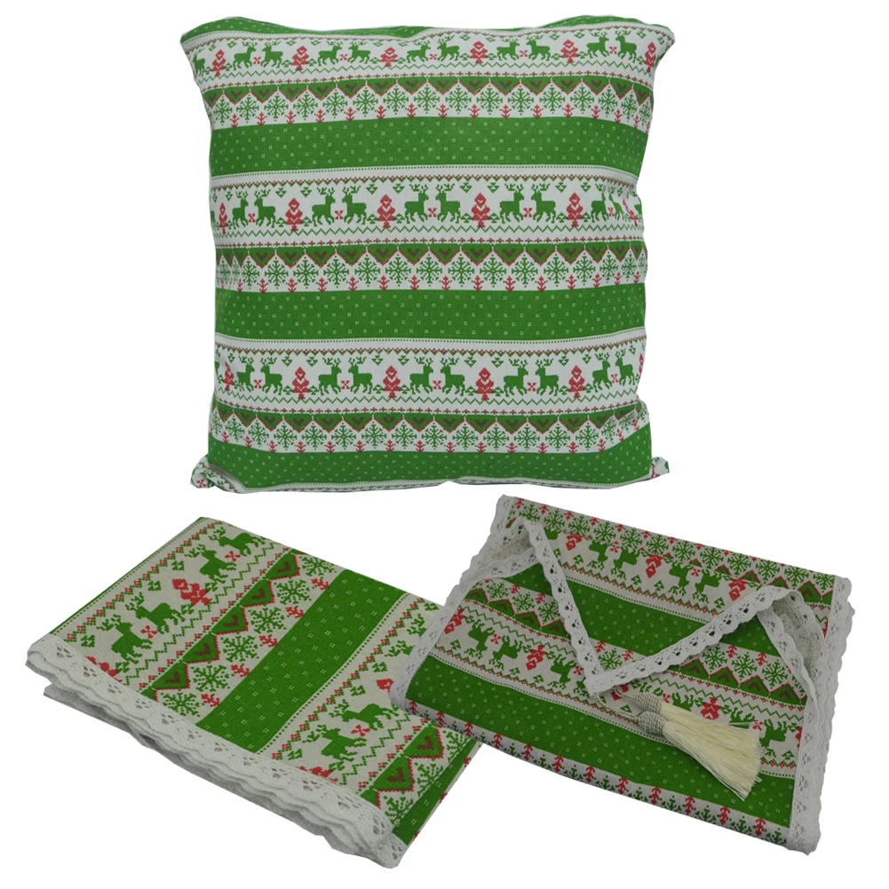 Green Merry Christmas Snowflake Long Cotton Linen Table Runner Cloth Home Decor