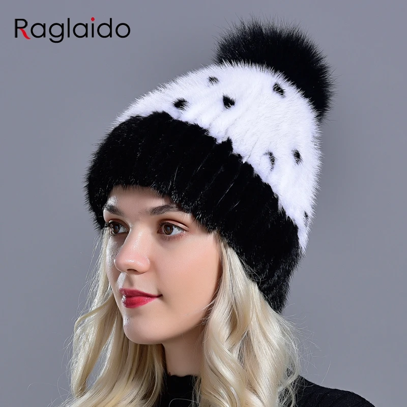 

fur hat mink knitted Winter women girls natural fur warm hats fox fur pompom headgear stylish fashionable female kawaii fur cap