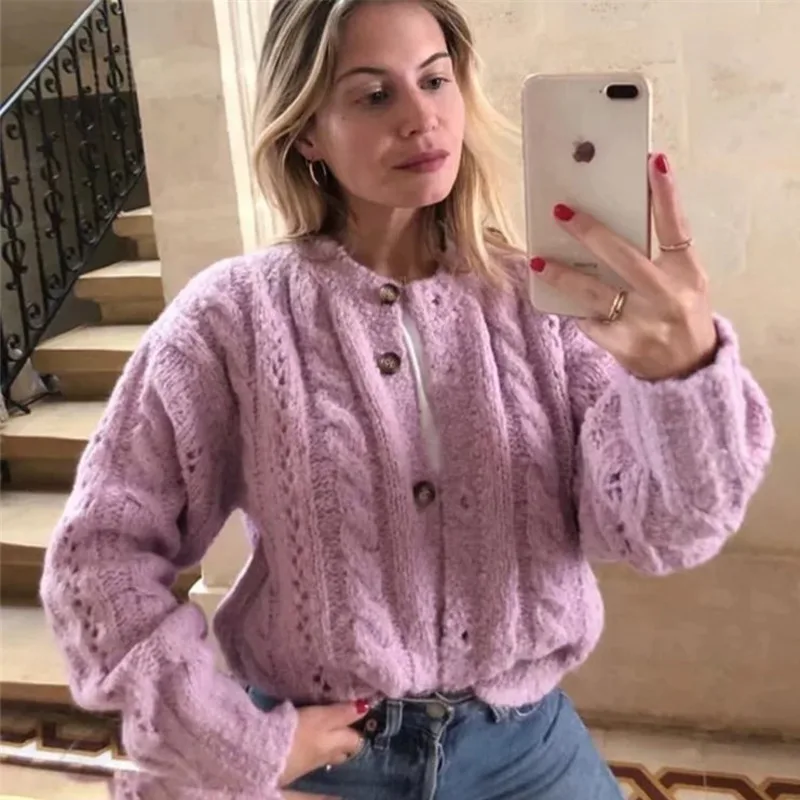 

DEAT 2019 Autumn Long Sleeve Single Breasted Button Cotton Knitted Cardigans Hollow Out Purple Sweater Vintage Women MG307