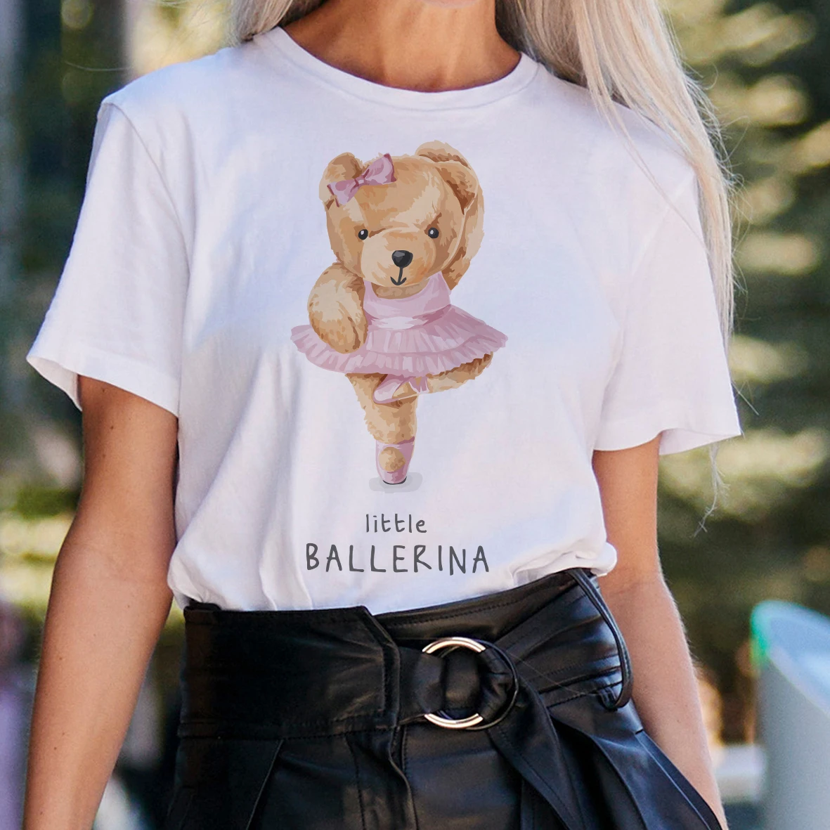 

BLINGPAW Cute Teddy Bear Little Ballerina Letter Print Woman Tshirts 100% Cotton Top&Tees Summer Tee Shirts Women Clothing