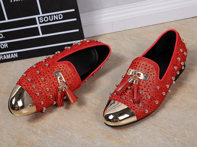 Christia Bella Red Real Leather Full Golden Beads Male Large Size Loafers Shoes Metal Pointed Toe Man Party Slip on Flats Shoes