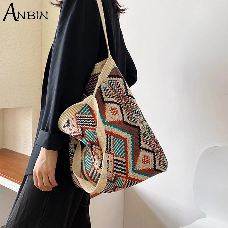 Bolso de hombro con tejido bohemio para bandolera Retro, informal, de ganchillo, de gran capacidad, para el día a día| -