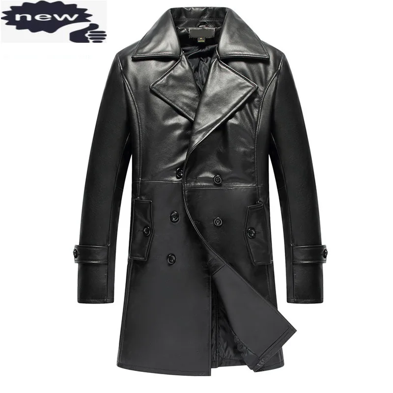 

Top Quality Brand New Mens Double Breated Genuine Leather Windbreakers For Male Belted Long Coats Parkas Outwear Black