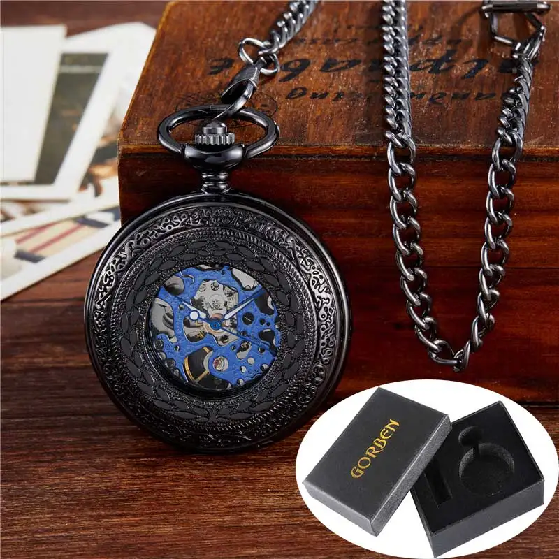 black BOXSET Стимпанк Скелет механический карманные часы Охотник ручной обмотки кармашек для часов Часы подвесная цепь подарок для мужчин relogio de bolso - Цвет: black BOXSET