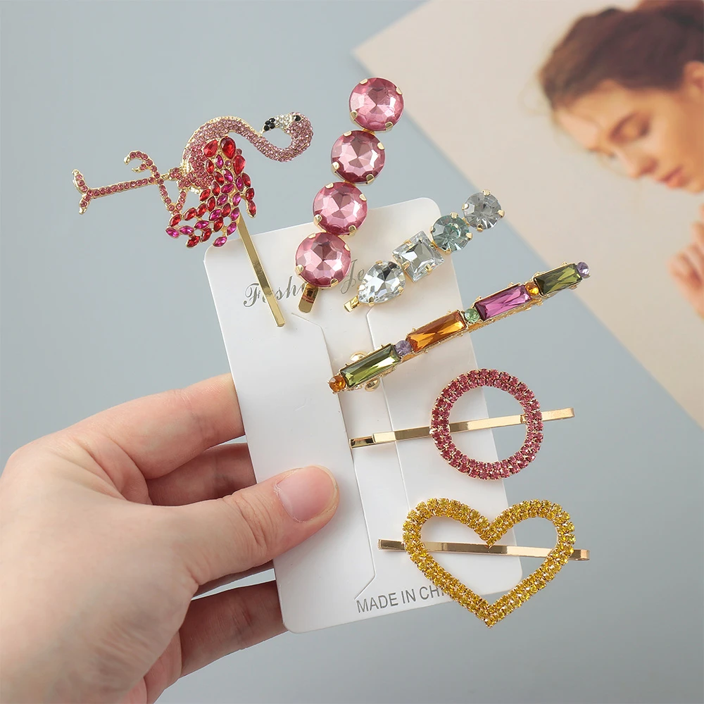 1Set Shiny Crystal Hair Clips Colorful Rhinestones Hairpins Metal Pearl Barrettes Women Fashion Hair Styling Jewelry Accessories