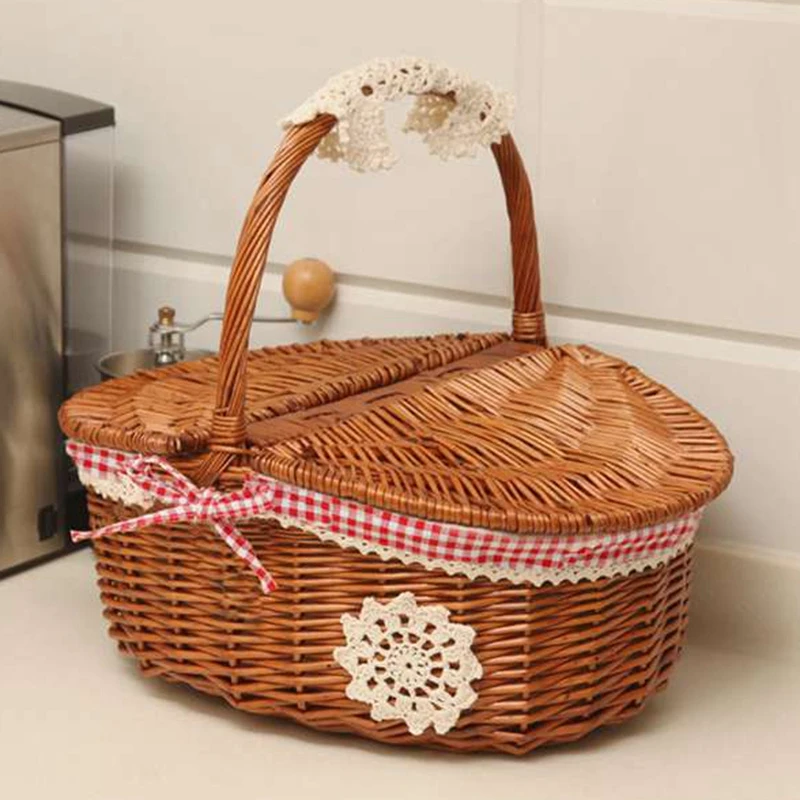 Hand Made Basket Shopping Storage Wicker Camping Handle Wooden Picnic Basket 