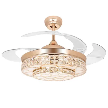 

42 Inch Invisible Crystal Ceiling Fan with LED Light and Remote, 4 Retractable ABS Blades Fan Chandelier for Bedroom Liningroom