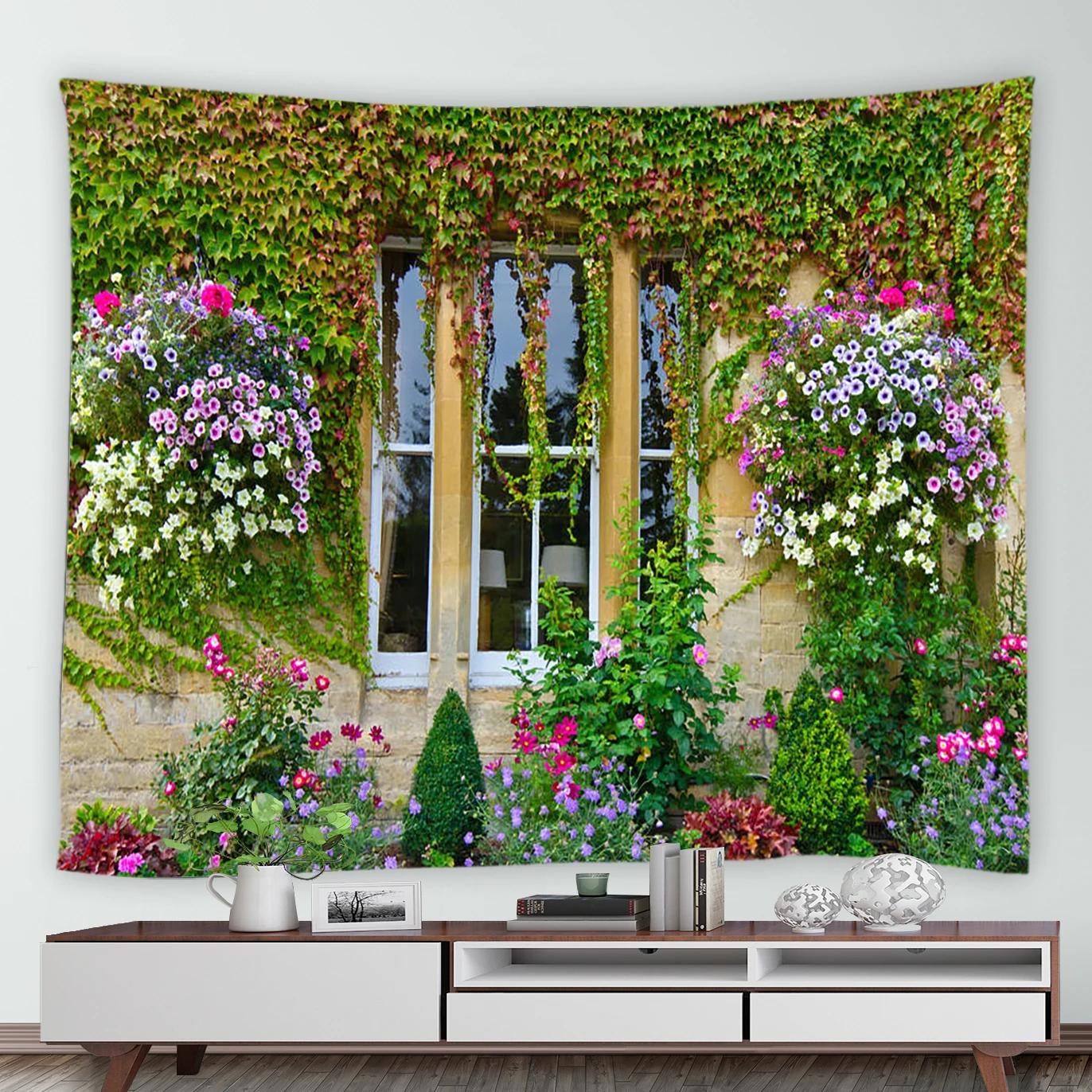 

Retro Brick Walls Vine Flowers Tapestry Spring Floral Plant European Style Garden Wall Hanging Garden Landscape Decor Tapestries