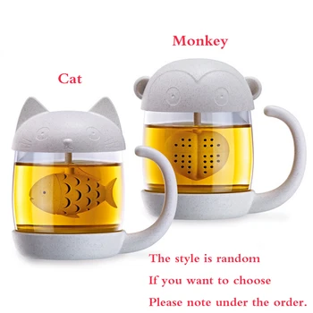 

Cute Cat Glass Personality Monkey Glass Milk Mug With Infuser Office Coffee Tumbler Creative Breakfast Mugs