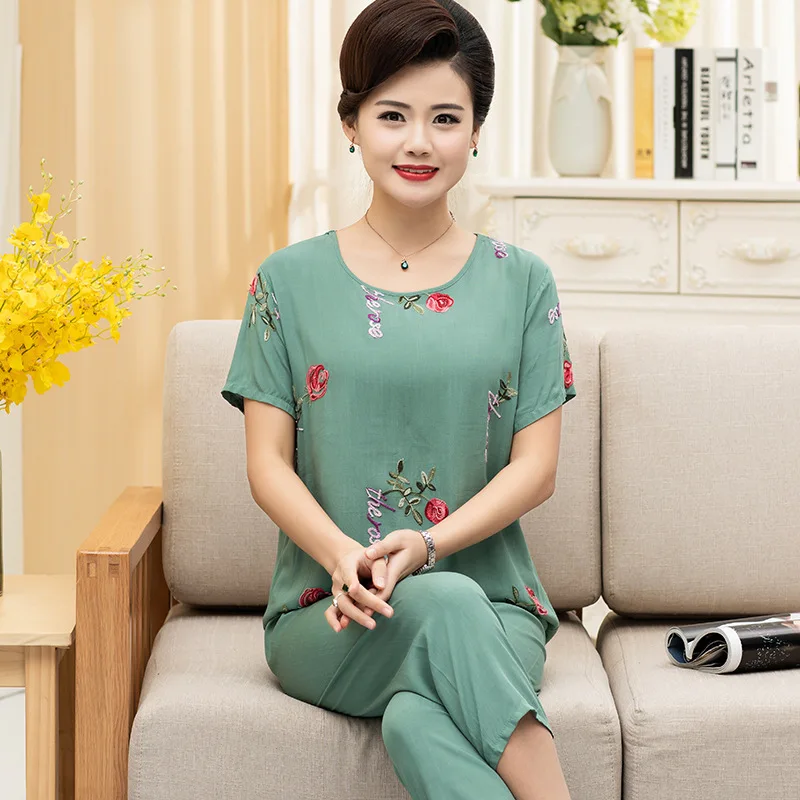 Embroider Pajamas Set Middle-aged Elderly Women Summer Cotton Nightwear Two-piece Suit Grandma Short Sleeve