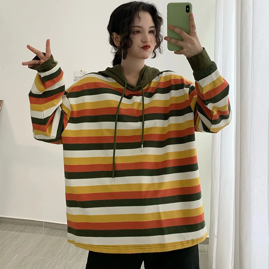 Свободная Корейская толстовка на шнурке harajuku модная женская Повседневная Свободная Толстовка с длинным рукавом в полоску с принтом Топ Sudadera одежда женская