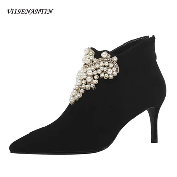 

Autumn Winter New Style Ladies Fashion Pearl Crystal Decoration Short Boots Pointed Toe Stiletto High Heel Women's Ankle Boots