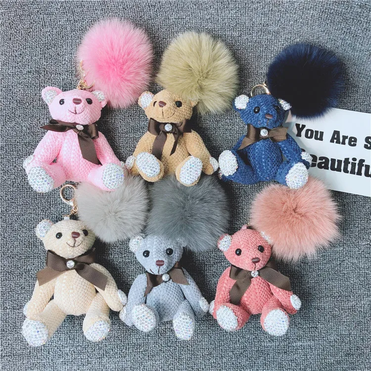 Cute Sitting bear bao Package Pendant Clay Drilling Fox Fur Ball Plush Key Chain Creative Small Gifts Keychain