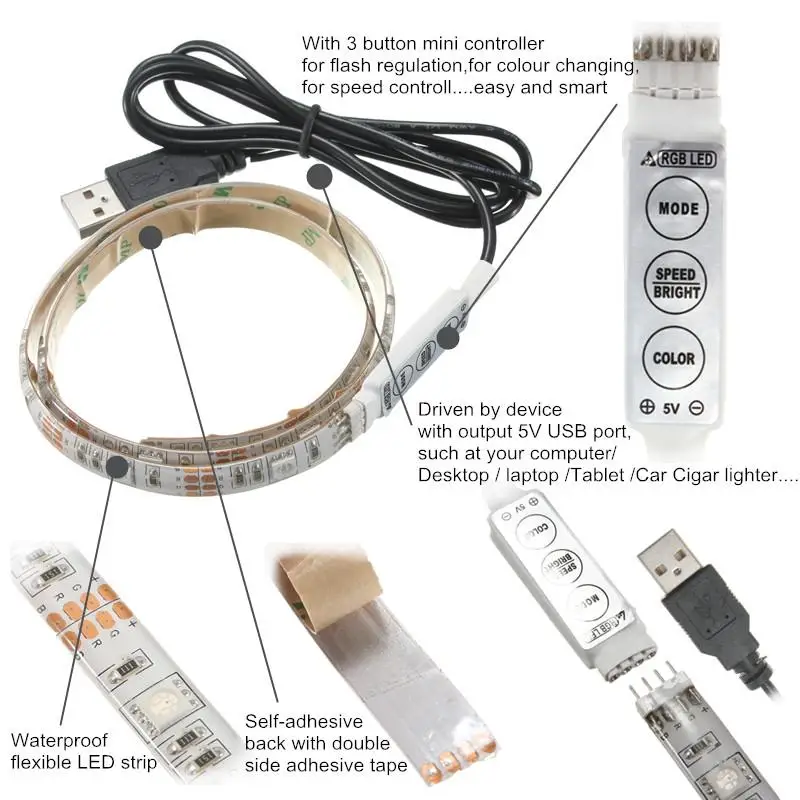 Водонепроницаемый 200 см/6,5 средства ухода за кожей стоп стены водить 60leds 5050RGB с питанием от USB светильник с мини контроллер костюм для Тетрадь ПК ТВ