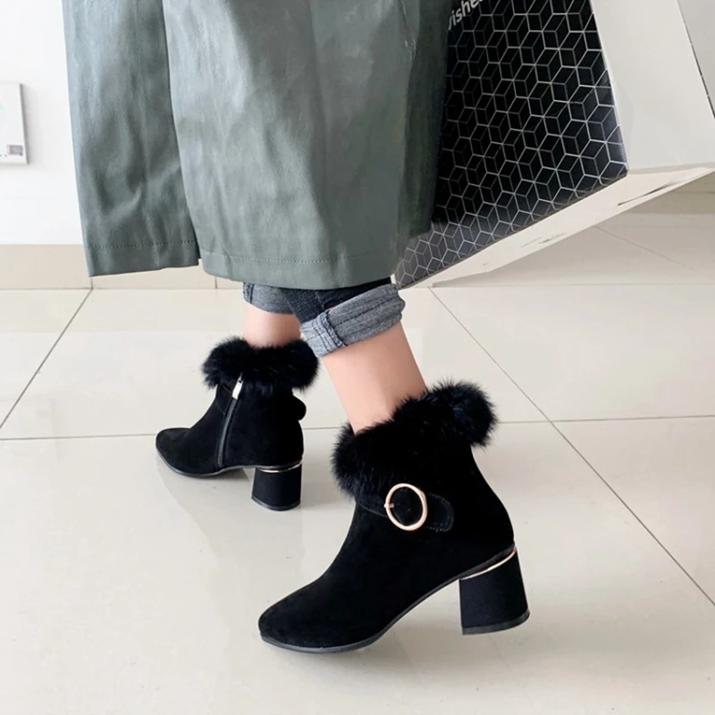 2020 winter fashion women's shoes pointed toe thick heel kid suede short plush women's ankle boots without zipper women boots