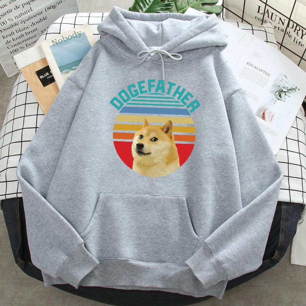 Мужская толстовка с капюшоном Doge черно-белая и круглым вырезом принтом Сиба-ину в