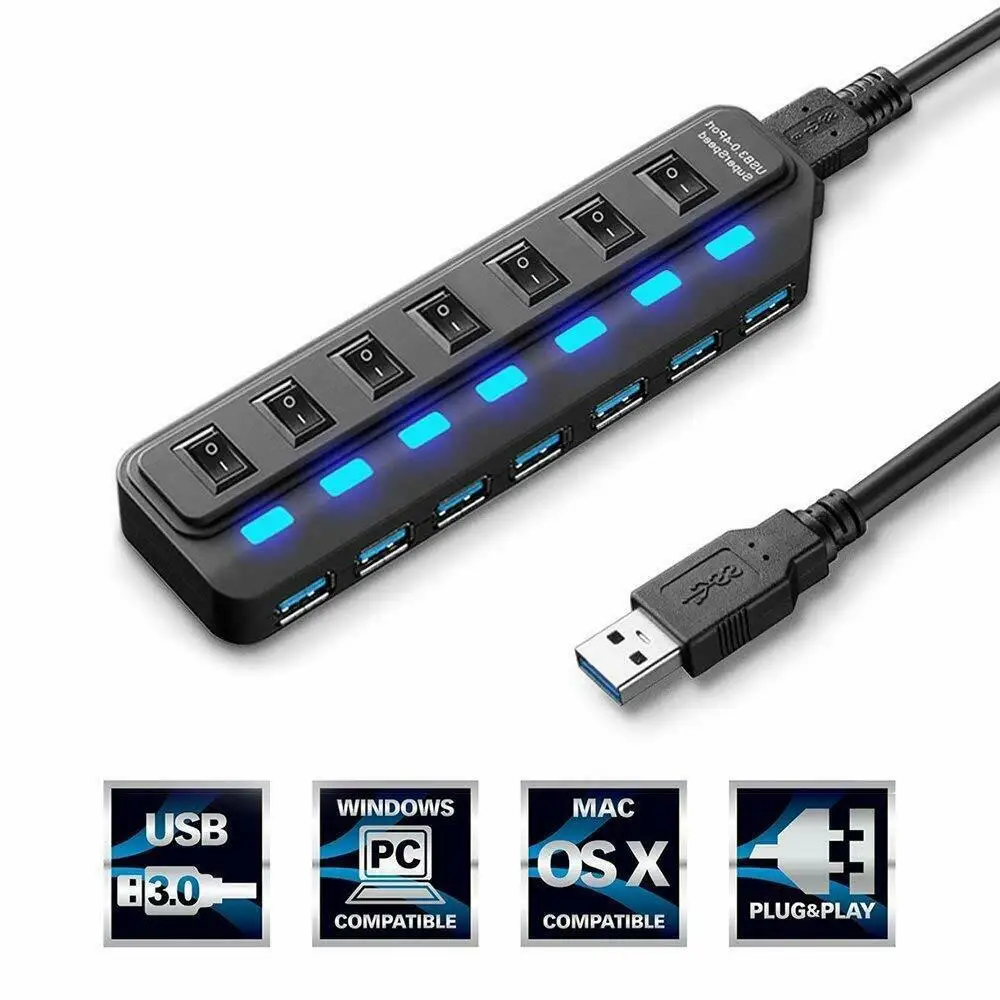 7-Порты USB 3,0 Hub адаптер с включения/выключения 5 Гбит/с, высокая Скорость для портативных ПК R20