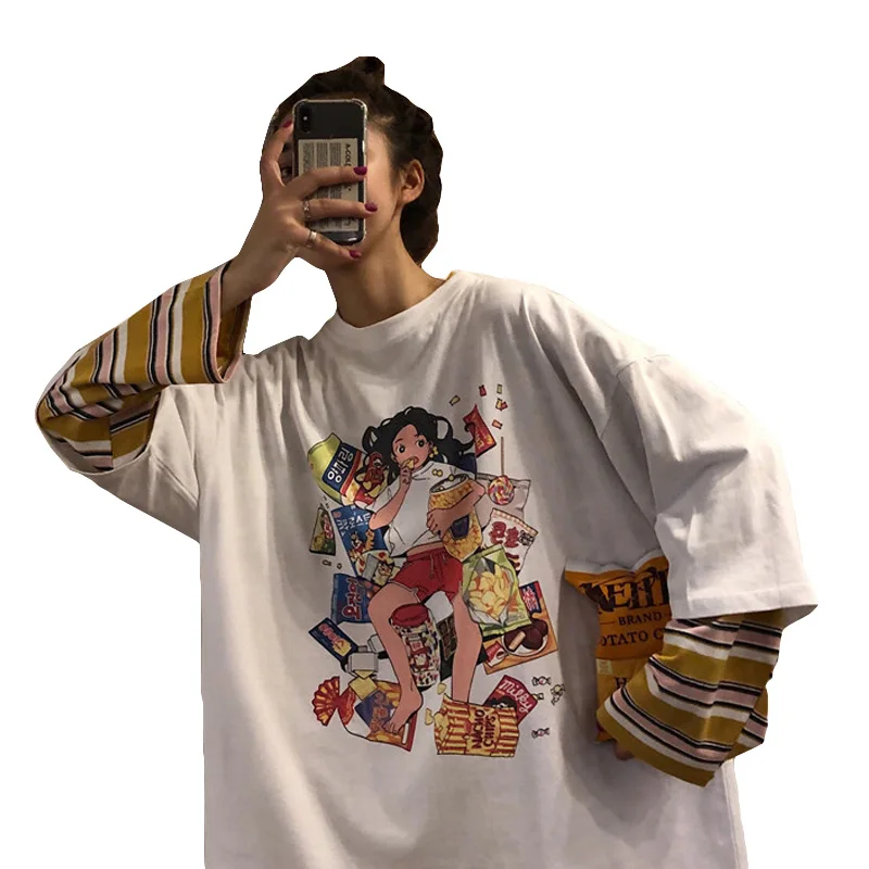 Осенняя женская одежда корейский Ulzzang Harajuku футболка Веселая с принтом поддельные два футболки женские свободные рубашки топы