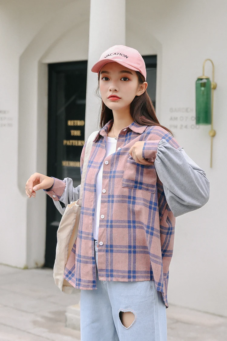 Женские летние рубашки Kawaii Ulzzang, милая Свободная рубашка в клетку, Женская милая Туника Harajuku, милый Топ для женщин