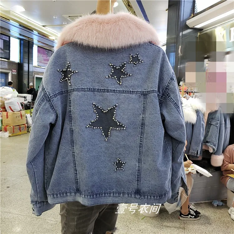 Harajuku хлопковое пальто зимние женские новые высокие имитация лисьего меха воротник съемный лайнер джинсовые пальто теплые хлопковые парки Mujer