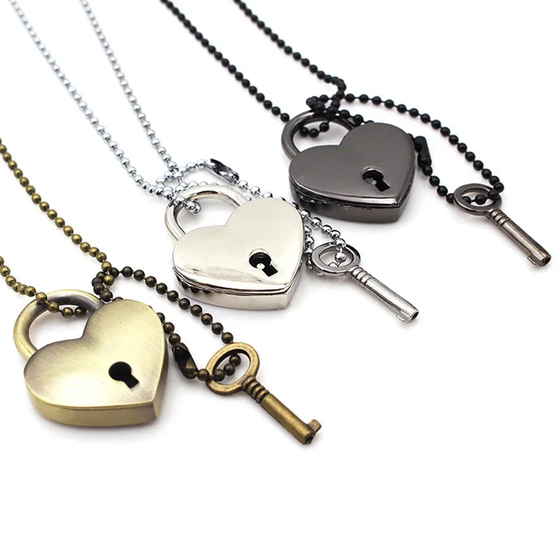 

Heart Padlock Necklace With Key Set Silver Black Copper Chain Lock Punk Necklaces Heart Shaped Pendant Gift For Men And Women