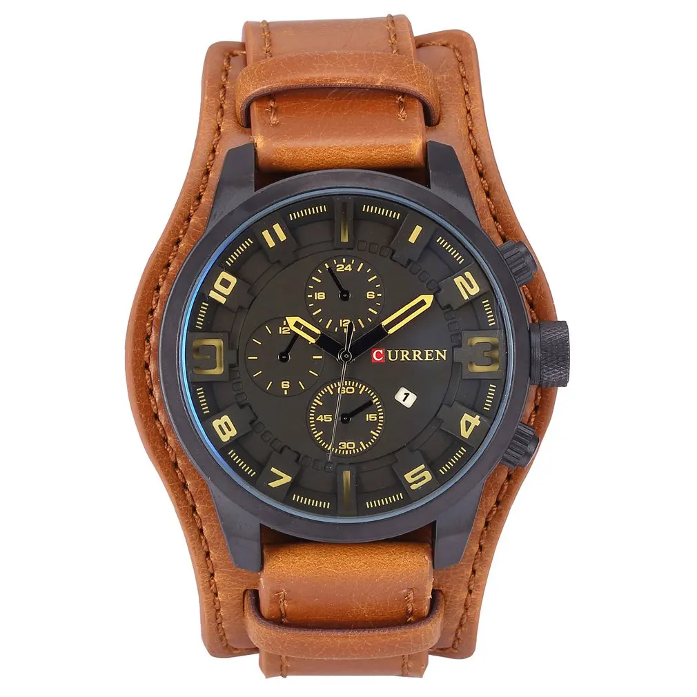 

Men Women Metal Case Wrist Watch Calendar Leather Strap Round Dial Casual Style Quartz Watches Best Gift