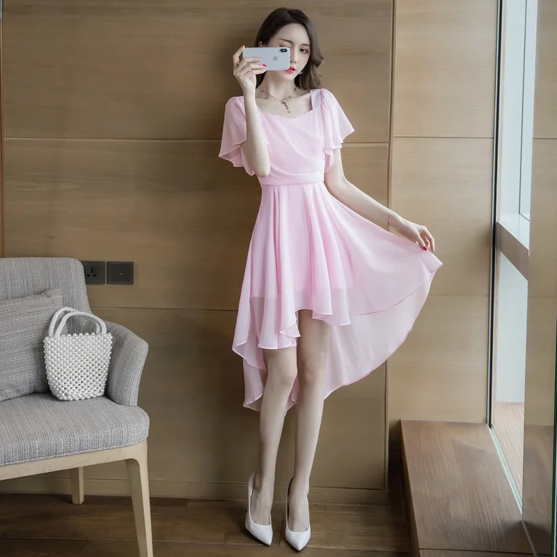 

WOMEN'S Dress 2019 Summer New Products Debutante Elegant Flounced Sleeves Waist Hugging Slimming Irregular Chiffon Dress Women's