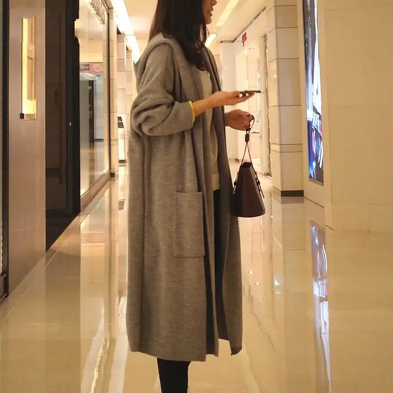 

2019 New Autumn Solid Pockets Knitted Outwear Oversize Hooded Cardigans Coat Casual Female Long Thin Sweaters