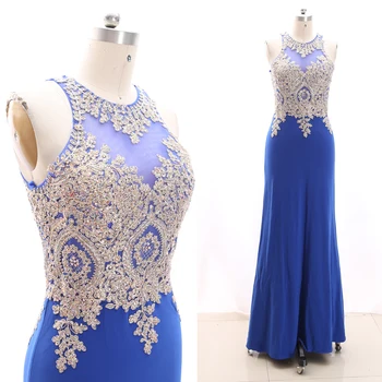

MACloth Blue Sheath O Neck Floor-Length Long Embroidery Jersey Prom Dresses Dress M 268732 Clearance