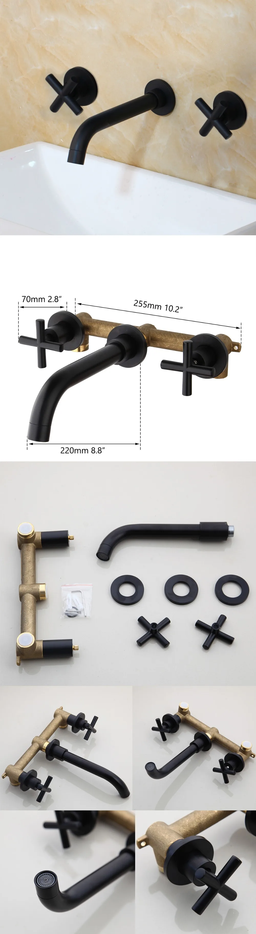 Torayvino bathroom wall mounted tap basin 3 pcs black brass rubinetto lavabo basin faucet Cold Hot Water mixer bathtub sink taps